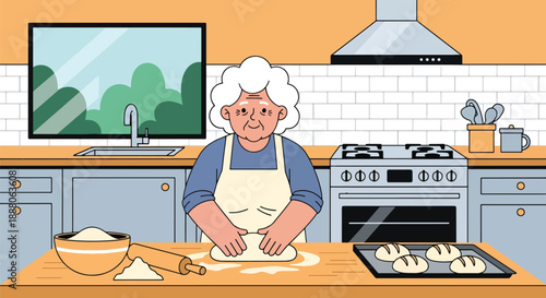 Elderly woman baking bread in her kitchen, modern flat vector style showing creativity, independence, and joyful senior lifestyle