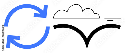 Renewable energy. Blue circular arrows, cloud shape, and black curve renewable energy, recycling, and sustainability. Renewable energy icons for green technology. environment, efficiency adaptation