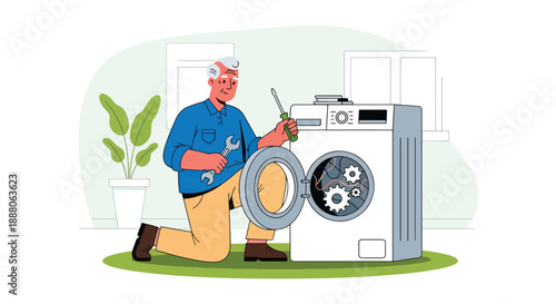 Elderly man repairing household items with tools, flat vector illustration showing practical independence and active senior lifestyle