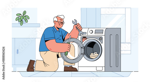 Elderly man repairing household items with tools, flat vector illustration showing practical independence and active senior lifestyle