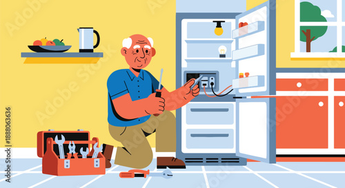Elderly man repairing household items with tools, flat vector illustration showing practical independence and active senior lifestyle
