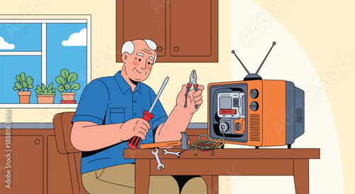 Elderly man repairing household items with tools, flat vector illustration showing practical independence and active senior lifestyle