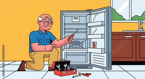 Elderly man repairing household items with tools, flat vector illustration showing practical independence and active senior lifestyle