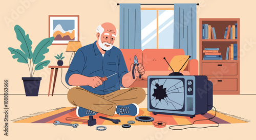 Elderly man repairing household items with tools, flat vector illustration showing practical independence and active senior lifestyle