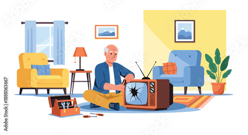 Elderly man repairing household items with tools, flat vector illustration showing practical independence and active senior lifestyle