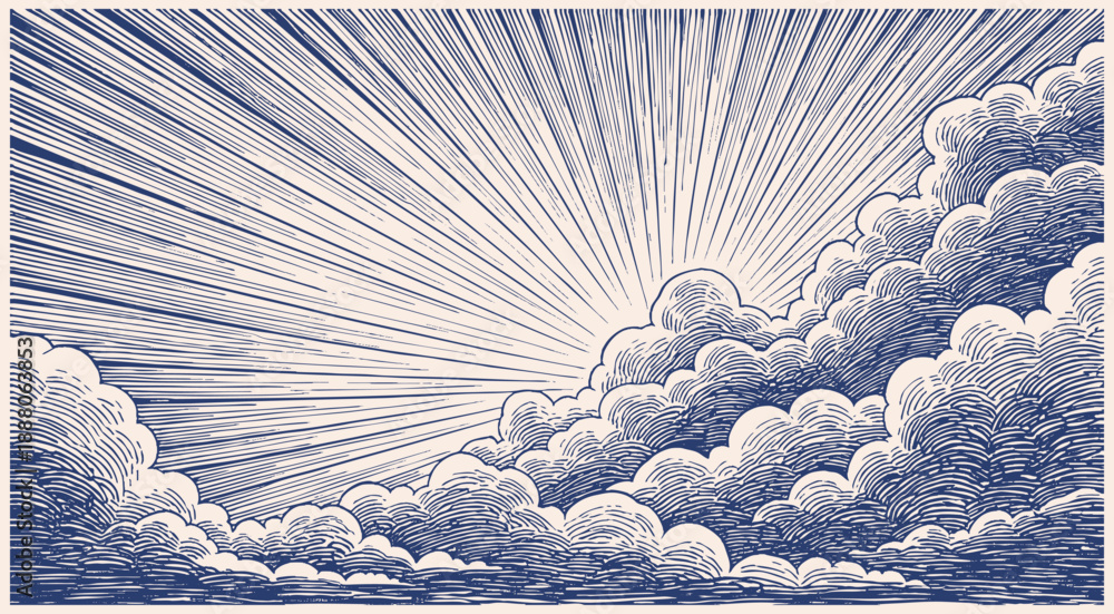 Fototapeta premium Dramatic sunrise breaking through clouds over rolling hills in vintage woodcut engraving illustration