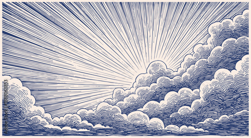 Dramatic sunrise breaking through clouds over rolling hills in vintage woodcut engraving illustration