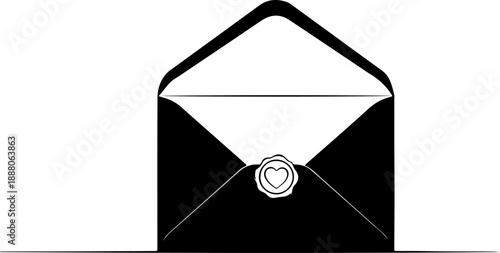 Black envelope with a heart-shaped wax seal, conveying love and communication