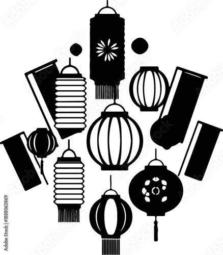 Collection of diverse Chinese lanterns in various shapes and sizes, a cultural celebration