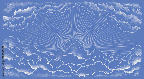Vintage sunburst rising over clouds, a classic engraved illustration symbolizing hope and new beginnings.