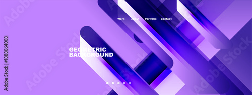 Abstract geometric design. Purple, blue gradients create dynamic visual effect. Navigation menu present, text overlayed. Modern aesthetic.