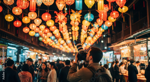 Man taking photos of colorful lanterns at a bustling night market