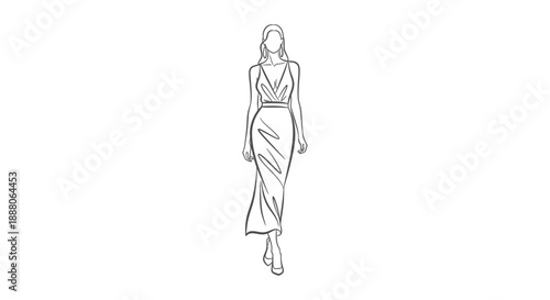 fashion illustration woman walking confidently in an elegant long slip dress for design concepts style guides and upscale event advertising campaigns.