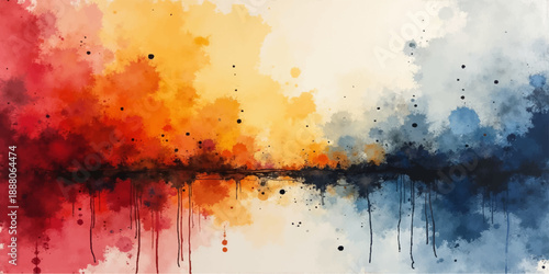 Artistic watercolor background featuring a colorful grunge texture with ink splashes and brush strokes for an abstract vintage paper design