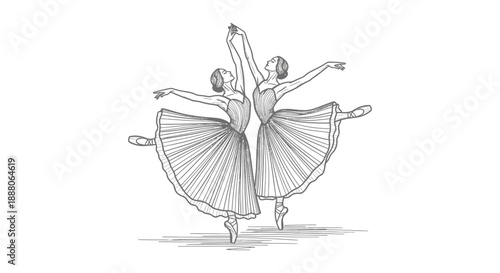 two ballet dancers performing a graceful synchronized classical ballet pas de deux illustration ideal for artistic promotions and creative projects