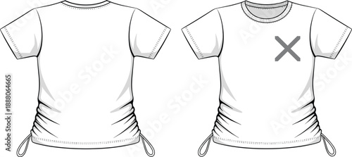 Women's fitted T-shirt technical fashion flat, front and back views with drawstring hem, blank apparel mockup vector illustration isolated on white background