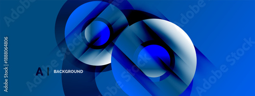 Abstract blue design features overlapping circles, gradients, dynamic shapes. Modern aesthetic suitable for backgrounds, presentations.