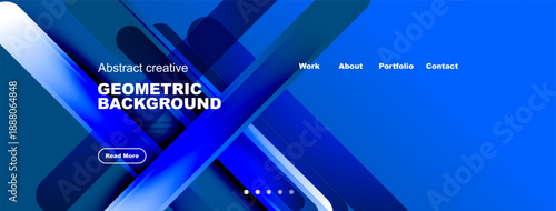 Abstract geometric background design. Blue layers create dynamic visual effect. Website header includes navigation options, button.