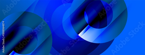 Abstract blue shapes overlap, creating dynamic flow. Gradient colors suggest depth, movement, modern design aesthetic.