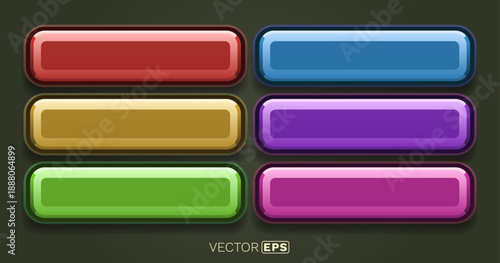 A set of colorful, glossy, rounded rectangular buttons for modern web and app interfaces.