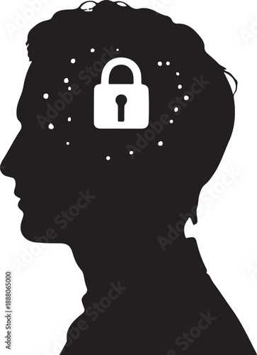 Silhouette of a man's head with a padlock inside security
