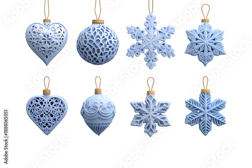 Collection of eight elegant blue and white Christmas ornaments featuring intricate heart ball and snowflake designs.