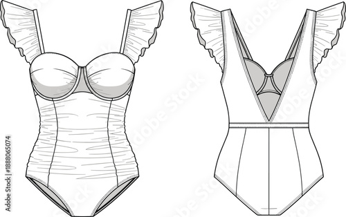 Women one piece swimsuit technical flat drawing, front and back views with ruffle straps, sweetheart neckline and deep V back, fashion CAD vector illustration
