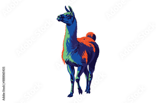 Vibrant illustration of a standing llama with colorful fur