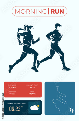 Morning run tracking interface with runners silhouettes. Modern fitness dashboard featuring route map, distance, pace, and calorie data on a clean glassmorphism background for healthy lifestyle. Sport