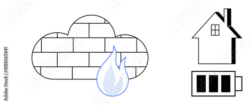 Cybersecurity, energy efficiency, smart technology, cloud security, power management, data protection. Cloud as a firewall with a flame, nearby house icon and battery. Cybersecurity and energy