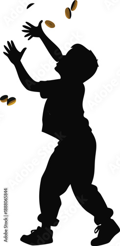 Silhouette Of A Boy Throwing Gold Coins In The Air