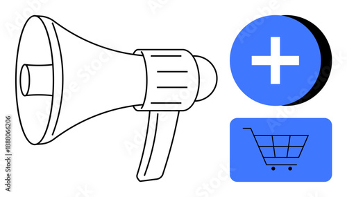 Digital marketing concept. Digital marketing tools such as megaphones boost online shopping impact. Digital marketing enhances outreach for e-commerce platforms. For advertising, promotions