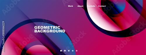 Abstract geometric background. Vibrant pinks, blues blend. Navigation menu present. Modern design elements visible. Clean, dynamic composition.