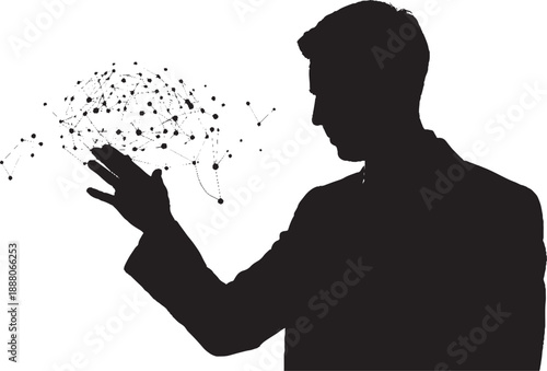 Silhouette of man holding abstract network sphere Keywords: silhouette, man, holding, abstract