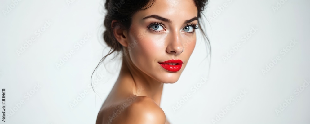 Naklejka premium Young woman with bright red lipstick and bare shoulders looks at camera against white background. Makeup beauty portrait, clean skin, elegant hairstyle. Fashion model posing.
