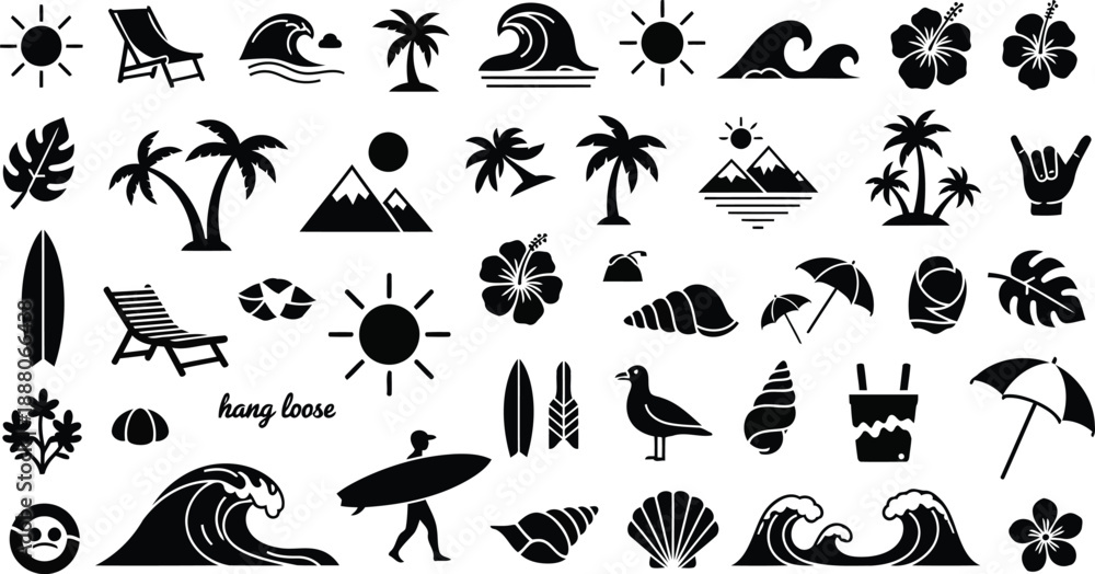 Obraz premium Assorted Summer Beach and Tropical Vacation Icons Keywords: summer, beach, vacation, tropical
