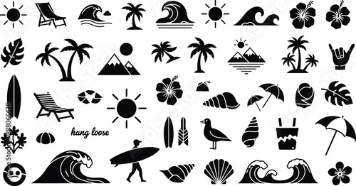 Assorted Summer Beach and Tropical Vacation Icons Keywords: summer, beach, vacation, tropical