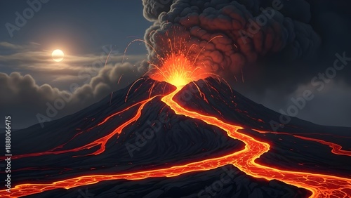 Explosive volcano eruption with glowing lava river and ash cloud, symbolizing geological disaster and raw natural power.