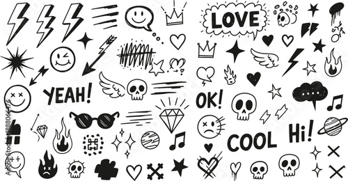 Assortment of black and white hand-drawn doodle elements with lightning and hearts drawing