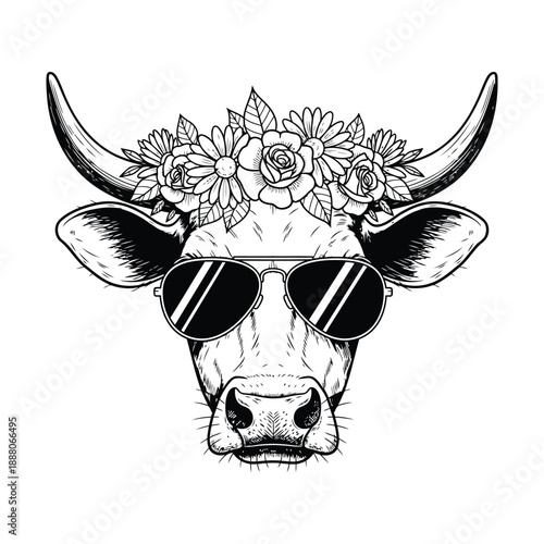 Black and white illustration of a cow wearing sunglasses and a flower crown bull animal