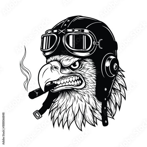 Fierce Eagle Head Wearing Aviator Helmet and Smoking Cigar Keywords: eagle, bird, head, aviator