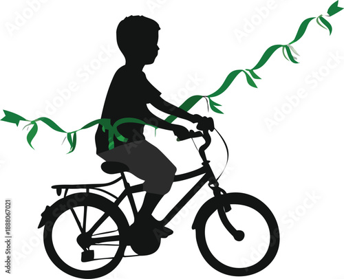 Boy Riding A Bicycle With Green Streamers Silhouette