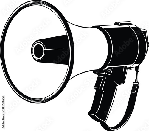 Megaphone loudspeaker vector illustration, black and white announcement device for marketing, protest, communication, advertising, and public address design concepts graphics