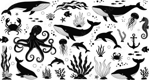 Ocean life silhouette vector illustration set, whales dolphins octopus and marine animals collection, underwater sea creatures for nautical, nature graphic design