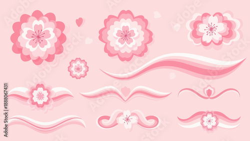 Cherry Blossom Elements: Pink Flowers, Swirls, and Hearts for Spring Design
