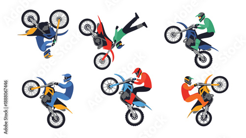 Colorful 3D motocross dirt bikes flying mid-air stunt action isolated white background