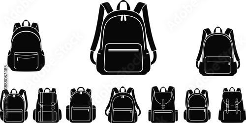 Backpack silhouette vector illustration set, black school and travel bags collection, minimalist rucksack icons for education, hiking, outdoor graphic design