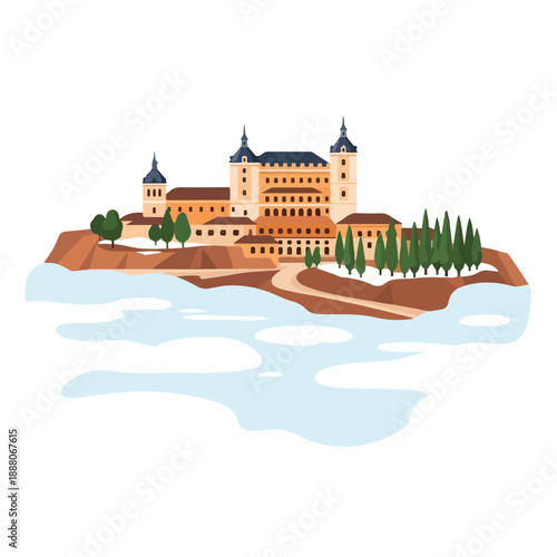 A serene castle on a small island surrounded by water with trees and buildings depicted in a stylized vector illustration from a distant viewpoint
