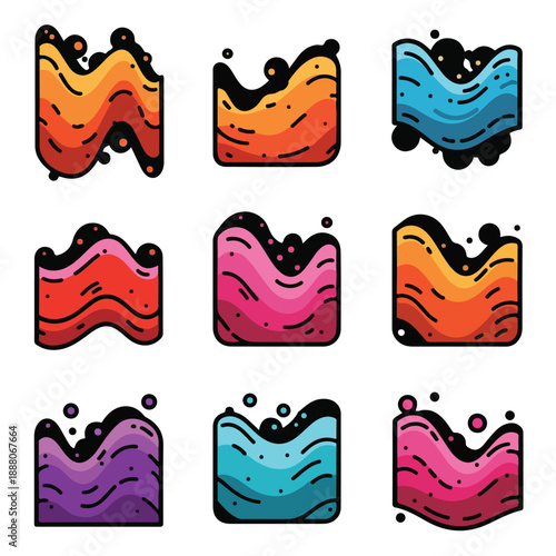 Collection of abstract graphic elements with wavy shapes and vibrant colors in a grid layout on a neutral background from a direct viewpoint.