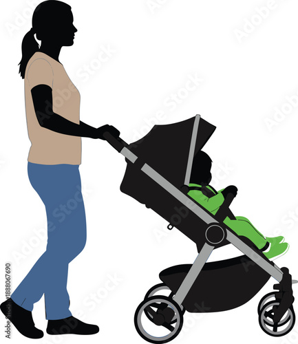 Mother pushing baby stroller outdoors, modern parent walking with infant, childcare lifestyle concept, family mobility illustration, urban parenting silhouette scene